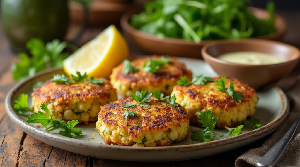 A plate of golden brown zucchini crab cakes garnished with fresh parsley and lemon wedges, served alongside a small bowl of creamy lemon aioli and a vibrant arugula salad in the background.
