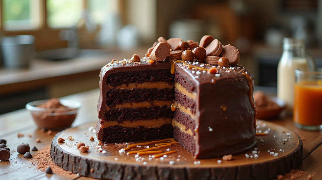 A layered chocolate caramel cake on a rustic wooden table, topped with glossy chocolate ganache and caramel drizzles, garnished with chocolate shavings and a sprinkle of sea salt. Baking ingredients like cocoa powder and a jar of caramel sauce are scattered around, adding to the homemade ambiance.