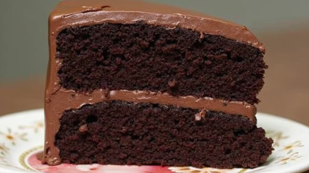 "A towering, three-layer chocolate cake inspired by the Miss Trunchbull cake from Matilda. The cake features moist chocolate layers covered in a glossy, rich chocolate frosting, topped with chocolate shavings. Presented on a rustic wooden table with baking tools in the background."