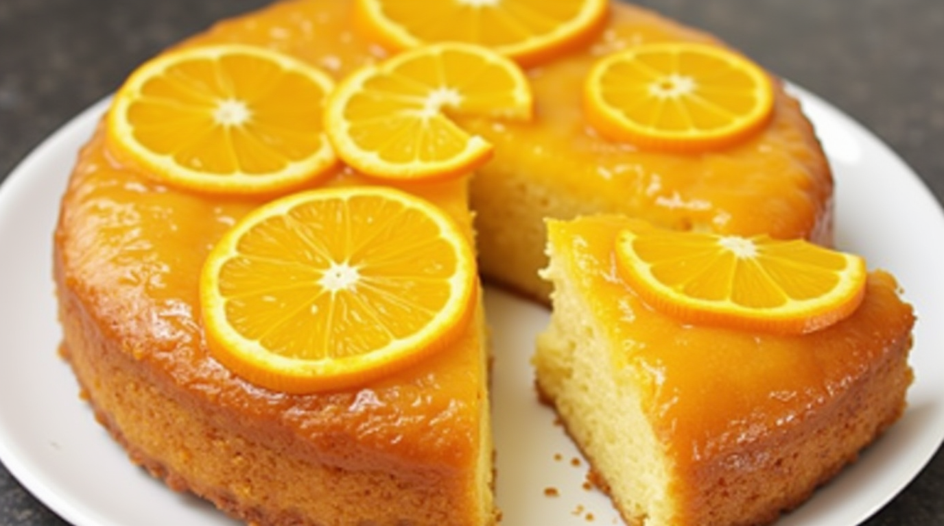 A freshly baked orange cake topped with a glossy orange glaze and garnished with candied orange slices and zest, sitting on a rustic wooden table surrounded by fresh oranges and baking tools.