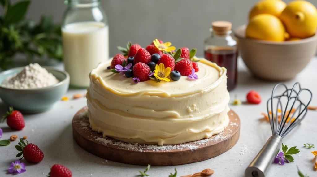 A moist and fluffy vegan vanilla cake topped with smooth buttercream frosting, adorned with edible flowers and fresh berries, sitting on a rustic wooden table with baking ingredients around.