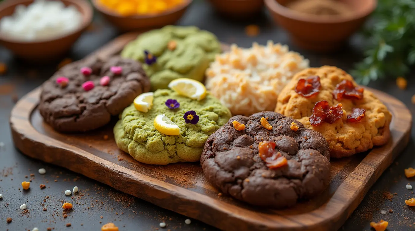 A vibrant assortment of six unique cookies on a rustic wooden tray, including Bittersweet Chocolate Chili Cookies, Matcha White Chocolate Cookies, Lavender Lemon Shortbread Cookies, Peanut Butter Bacon Cookies, Coconut Mango Cookies, and Dark Chocolate Espresso Cookies, styled with fresh ingredients and cozy lighting.