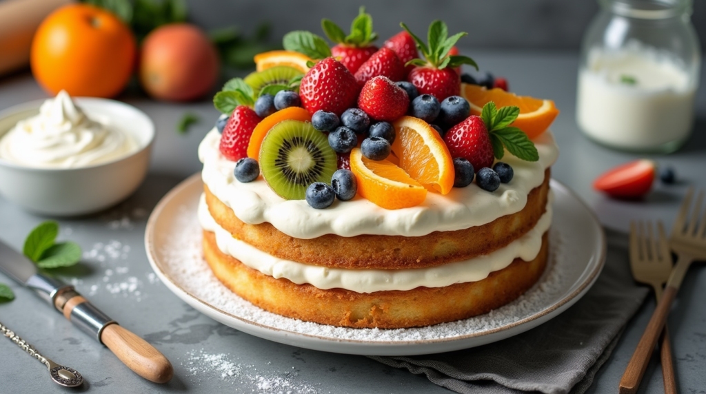 "A beautifully styled fruit cream cake layered with vibrant fruits like strawberries, blueberries, kiwis, and mandarin oranges, topped with Chantilly cream and garnished with mint leaves, set against a cozy kitchen backdrop with baking tools and fresh fruits."