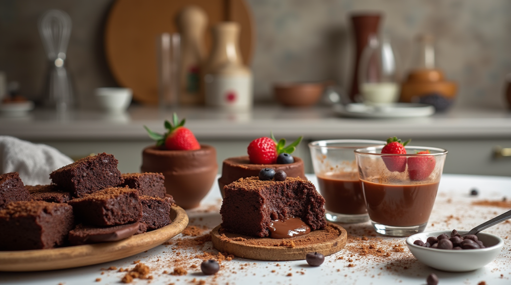 "A cozy table filled with easy chocolate desserts, including chocolate lava cakes, chocolate mousse with berries, and no-bake peanut butter bars, presented in a warm kitchen setting.
