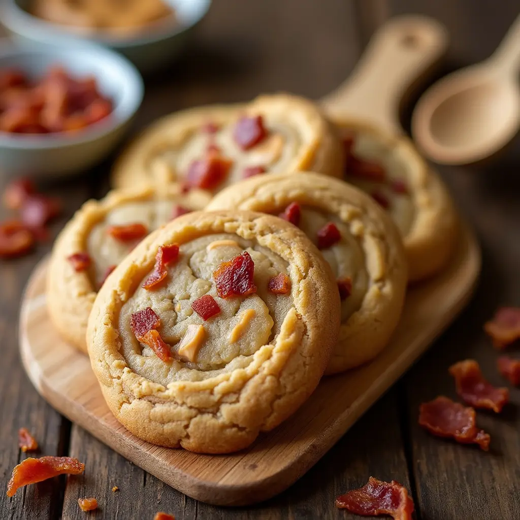 A vibrant assortment of six unique cookies on a rustic wooden tray, including Bittersweet Chocolate Chili Cookies, Matcha White Chocolate Cookies, Lavender Lemon Shortbread Cookies, Peanut Butter Bacon Cookies, Coconut Mango Cookies, and Dark Chocolate Espresso Cookies, styled with fresh ingredients and cozy lighting.
