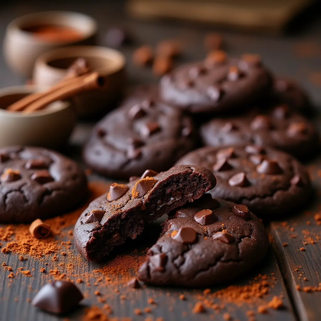 A vibrant assortment of six unique cookies on a rustic wooden tray, including Bittersweet Chocolate Chili Cookies, Matcha White Chocolate Cookies, Lavender Lemon Shortbread Cookies, Peanut Butter Bacon Cookies, Coconut Mango Cookies, and Dark Chocolate Espresso Cookies, styled with fresh ingredients and cozy lighting.