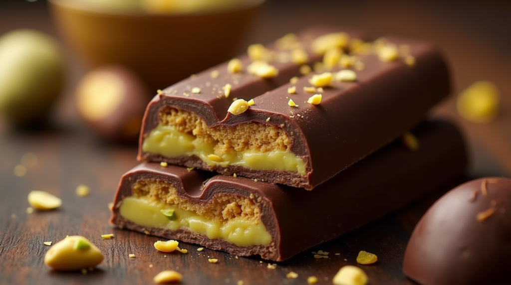 A luxurious Dubai Chocolate Bar sliced open to reveal layers of glossy dark chocolate, creamy pistachio filling, crispy kataifi dough, and a touch of tahini, elegantly garnished with edible gold leaf on a marble serving plate.