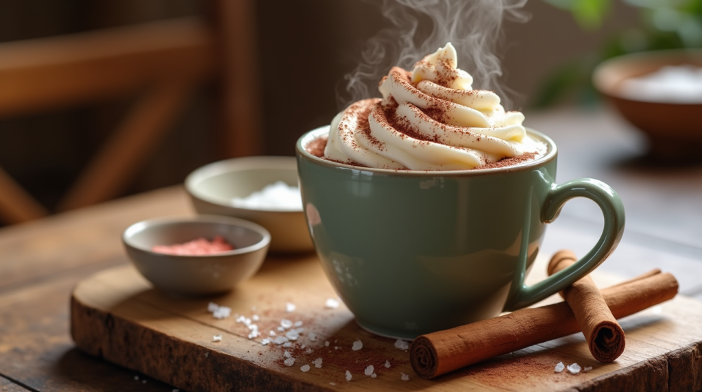 "A steaming cup of electrolyte hot chocolate topped with whipped cream and cocoa powder, surrounded by small bowls of ingredients like cocoa powder, pink Himalayan salt, and coconut water powder, placed on a rustic wooden table."