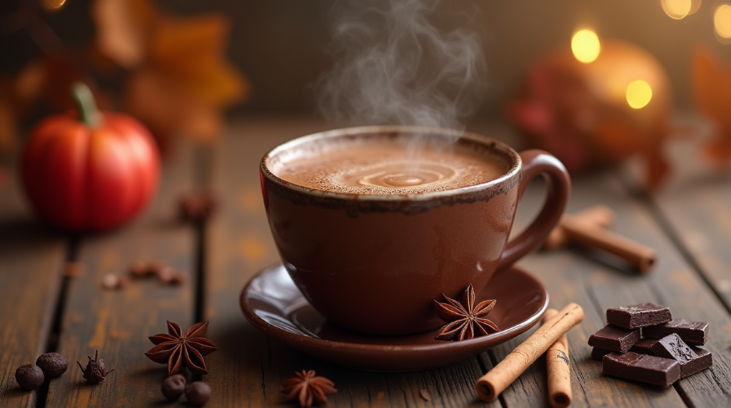 A warm cup of chocolate chai rests on a rustic wooden table, with rich brown liquid swirling gently in a cozy mug. The steam rises above the cup, carrying the sweet and spicy aromas of chai mixed with the deep richness of chocolate. Surrounding the mug are cinnamon sticks, star anise, and whole cloves, adding both visual appeal and fragrance. On the side, a small plate of dark chocolate pieces awaits to be savored. The soft, blurred background features warm autumnal tones of oranges, browns, and reds, evoking a sense of warmth and comfort.