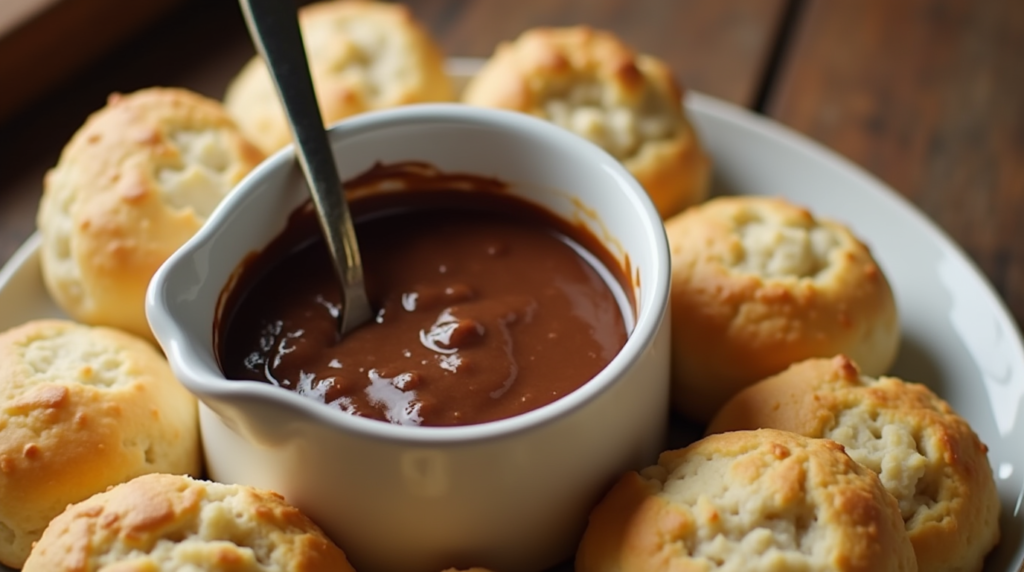 A bowl of rich, velvety chocolate gravy with a glossy finish, served with golden, flaky biscuits on a rustic wooden table.