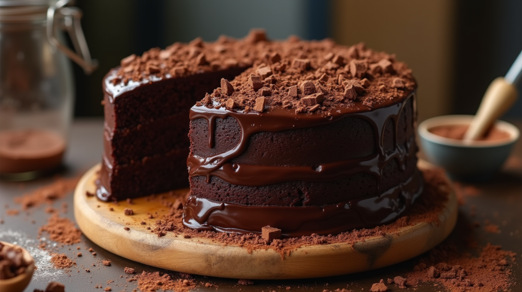 A rich, three-layer Miss Trunchbull chocolate cake with glossy ganache frosting, garnished with chocolate shavings, inspired by Matilda.