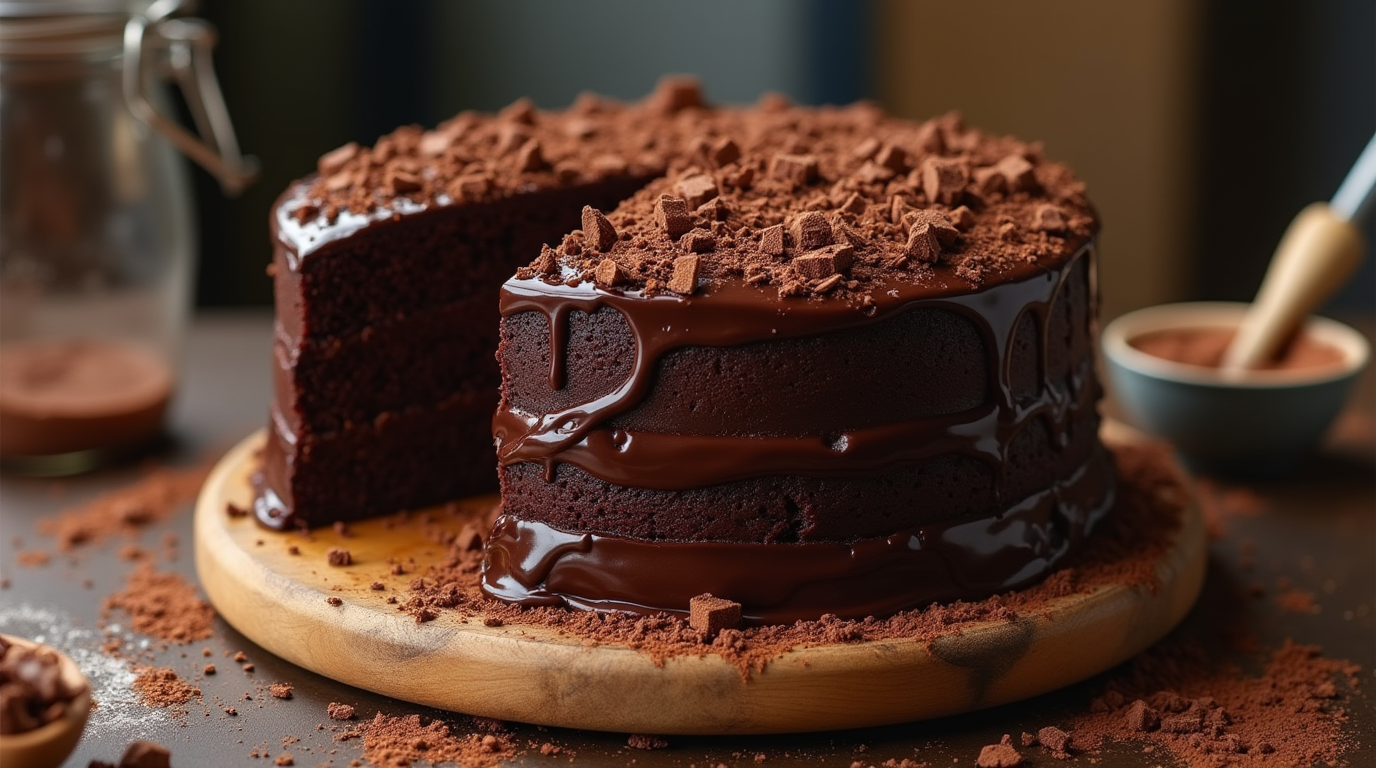 A rich, three-layer Miss Trunchbull chocolate cake with glossy ganache frosting, garnished with chocolate shavings, inspired by Matilda.