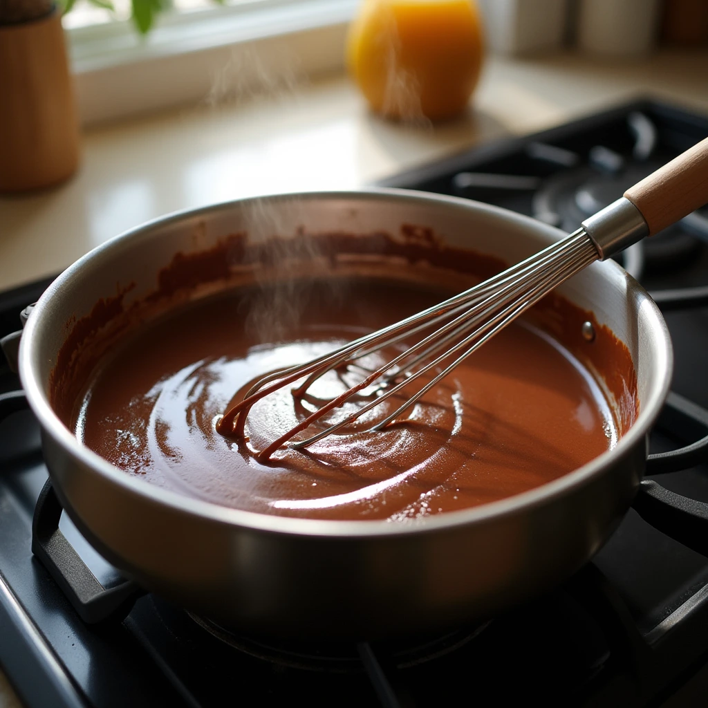 A bowl of rich, velvety chocolate gravy with a glossy finish, served with golden, flaky biscuits on a rustic wooden table.