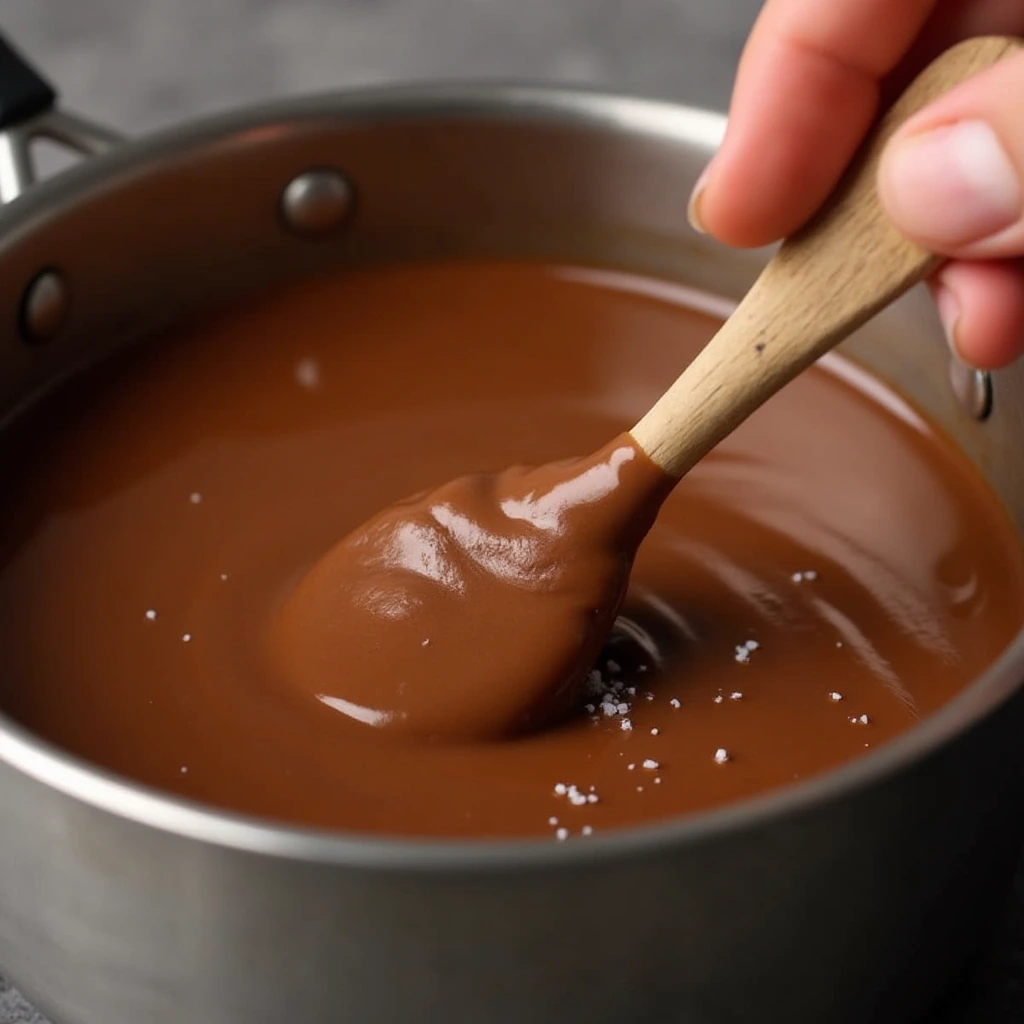 A bowl of rich, velvety chocolate gravy with a glossy finish, served with golden, flaky biscuits on a rustic wooden table.