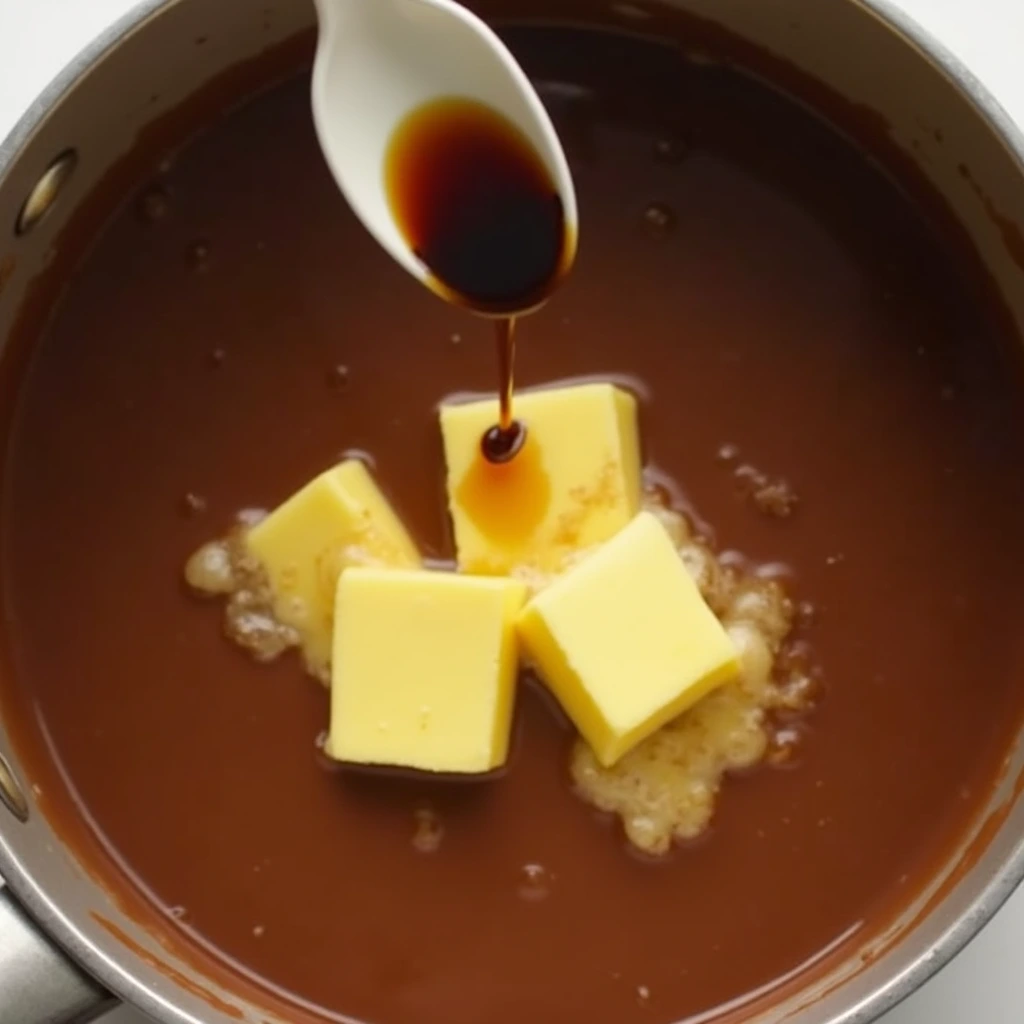 A bowl of rich, velvety chocolate gravy with a glossy finish, served with golden, flaky biscuits on a rustic wooden table.